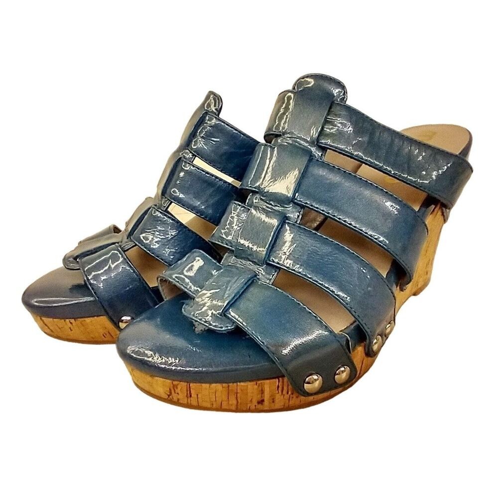 Blue Leather Wedge Sandals Size 6‎ Strappy 4" Tall Cork Heel Gladiator Fun Fab ~